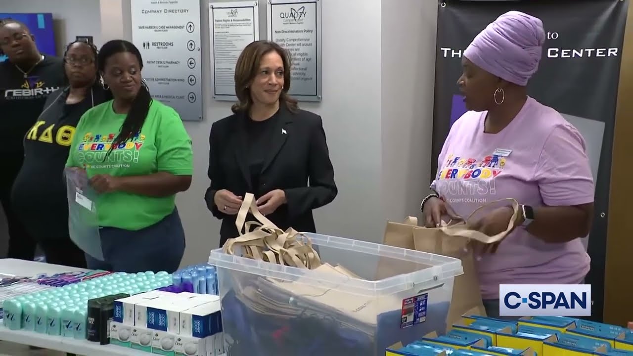 Kamala Harris visits donation center in Charlotte, North Carolina, ...